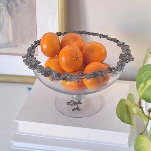 Vintage glass pedestal bowl ornate rose floral pewter look metal accents